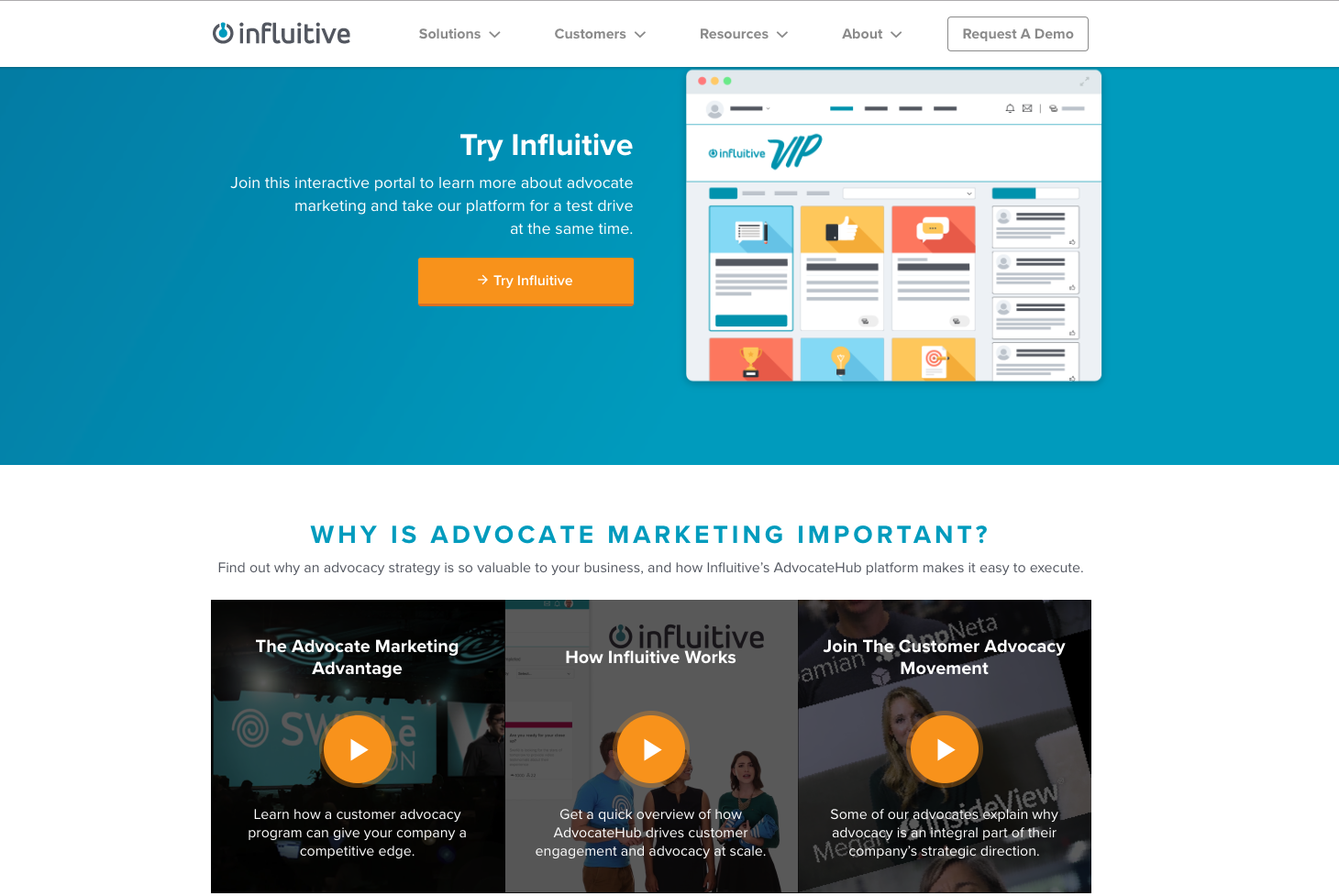 video-distribution-website-example-influitive screenshot of Influitive's homepage with video embeds